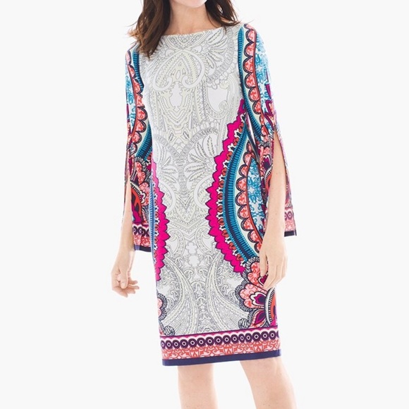 Chico's Dresses & Skirts - Chico’s Paisley Block Print Shift Dress Split Sleeve Multicolor Illusion-0/Small